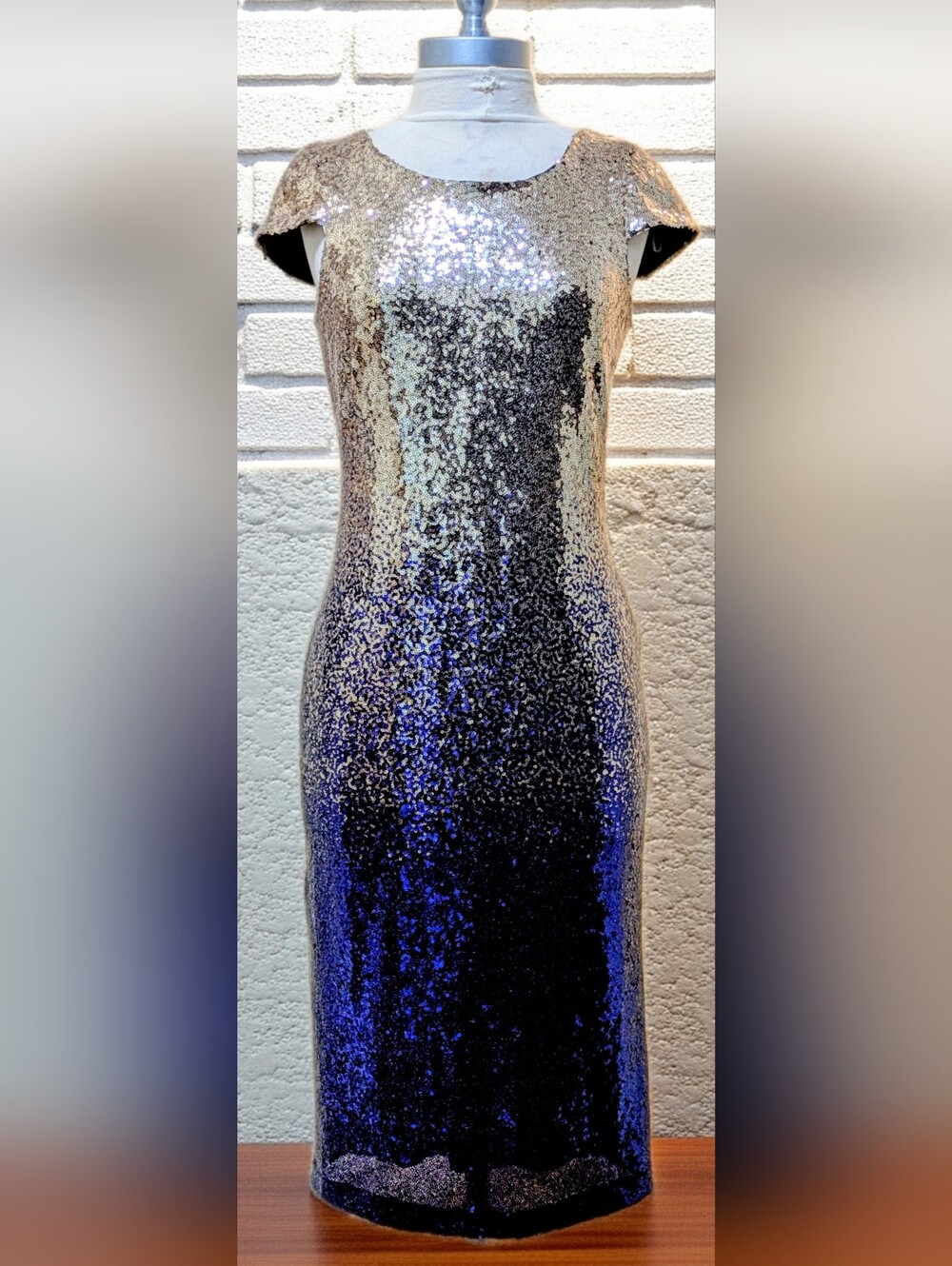 Connected Apparel Gold to Royal Blue Sequin Ombré Sheath Dress | Medium